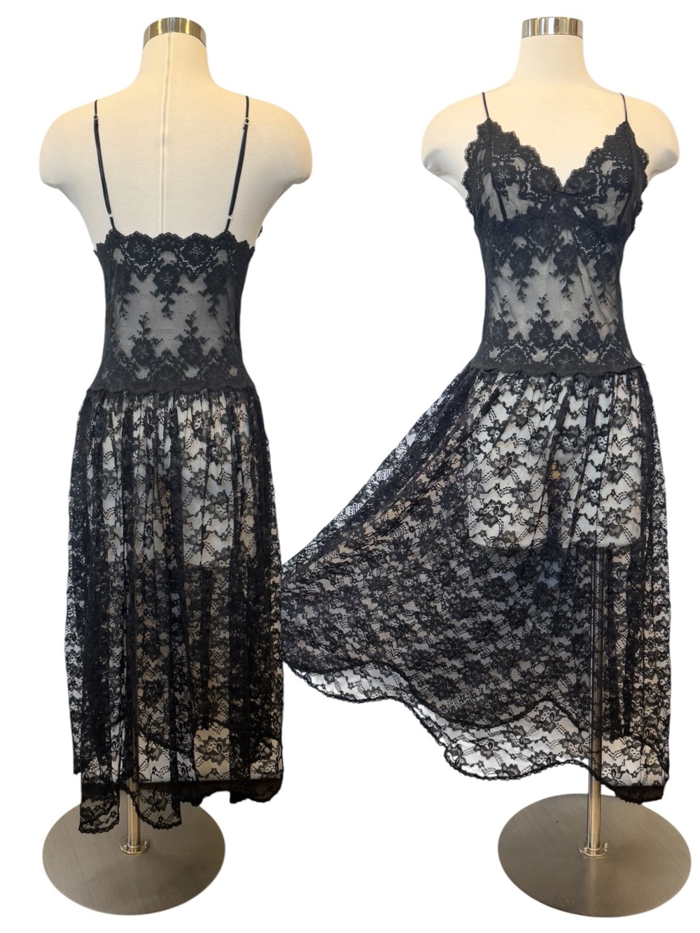90s Victoria’s Secret Black Lace Sheer Drop Waist Vintage Long Midi Slip Dress